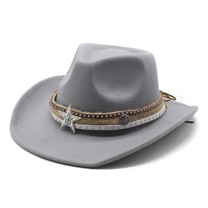 Detail of grey felt cowboy hat with braided rope, studded leather band and metal star