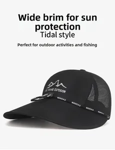 Detail of wide brim outdoor sun hat with breathable mesh and adjustable wind rope