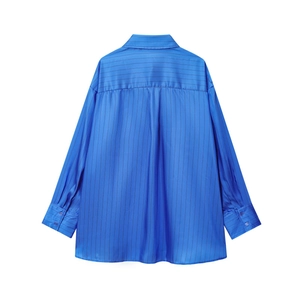 Women's blue striped long sleeve satin shirt set showing the back view on white background