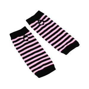 Detail of pink and black striped knit arm warmers with thumb holes in gothic style