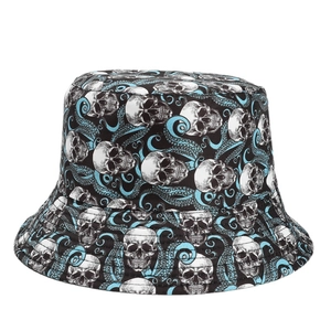 Reversible bucket hat with skull and blue octopus tentacle print for sun protection