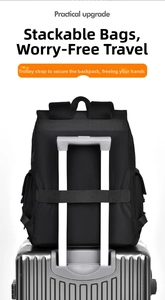 Detail of multi-functional laptop backpack with luggage strap for travel convenience