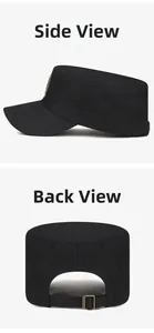 Detail view of cotton flat top cap with adjustable metal buckle and durable stitching