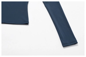 Detail of high-elasticity dark blue yoga top with professional double-needle stitching