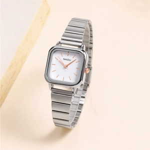 Elegant square silver stainless steel watch with white dial and minimalist design