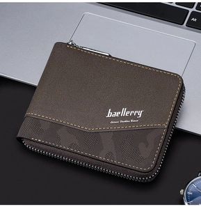 Close-up of brown Baellerry short wallet with zip and textured geometric design detail