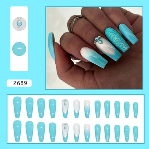 Turquoise and white gradient long ballerina press-on nails with rhinestones and glitter