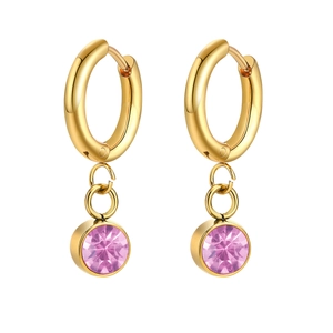 Detail of gold-plated hoop earrings featuring round pink cubic zirconia crystal pendants