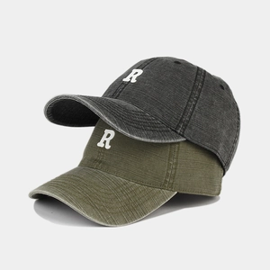 Gewaschene Baseballkappen im Vintage-Stil mit R-Stickerei in Grau und Olivgrün
