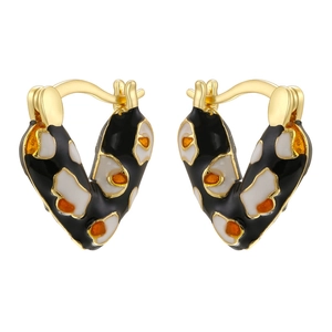 Colorful V-shaped heart enamel hoop earrings with vibrant leopard print on gold plating