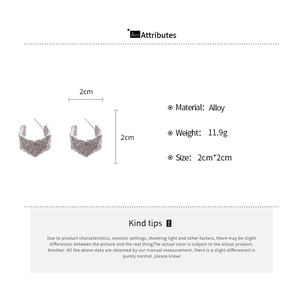 Detailed size chart for silver C-shape geometric earrings with irregular lava texture