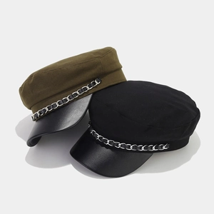 Vintage baker boy hat with chain decoration and PU leather brim in green and black