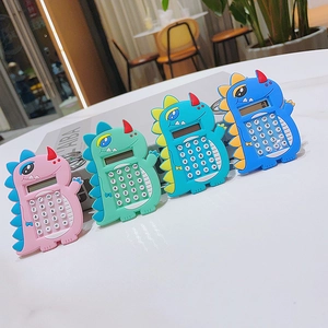 Mini dinosaur calculator keychains in four colors with portable metal ring attachments