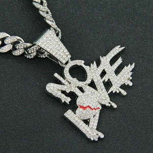 Hip hop silver cuban chain with rhinestone letters and red cracked heart pendant