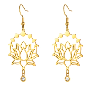 Boucles d'oreilles pendantes lotus dorées avec zircon scintillant pour femmes