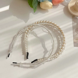 Elegant double-layer faux pearl and crystal bead headband set on white background