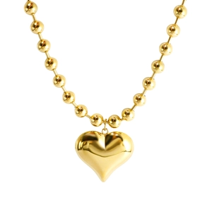 Chunky 18K gold ball chain necklace featuring a large polished heart-shaped pendant