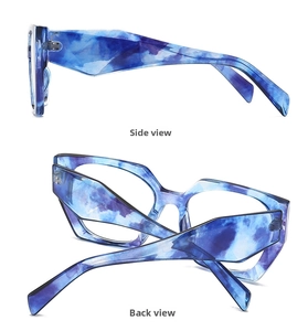 Detailed side and back views of blue marble pattern acetate sunglasses frames