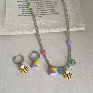 Bee Honey Jar Necklace And Earrings Colorful Crystal Bead Flower Pendant Silver Earring Post Fashion For Women Jewelry
