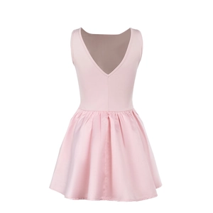 Close-up of pink ballet leotard featuring a deep V-back design and pleated skirt detail