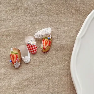 Stereo strawberry and red plaid relief nail art stickers with 3D shoe charms