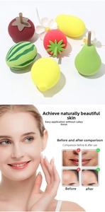 Macro detail of fruit-shaped makeup sponges showing texture and coverage on skin