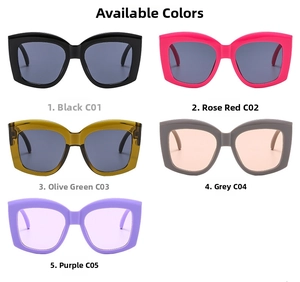 Detailed flat lay of oversized square sunglasses in five trendy assorted frame colors