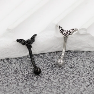 Curved bat wing barbell piercing jewelry in black and silver stainless steel