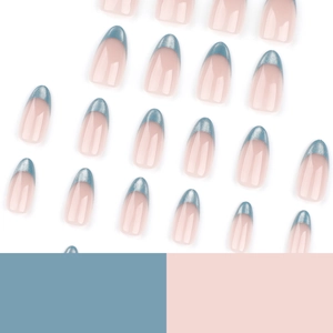 Cat eye almond press-on nails with luxury green and blue metallic french tips design