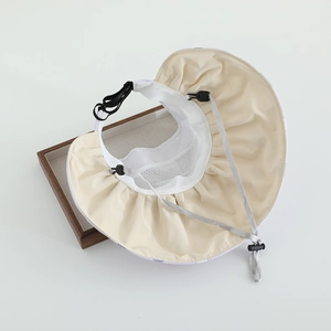 Détail d'un chapeau de soleil à large bord avec maille, revêtement UV et cordon réglable