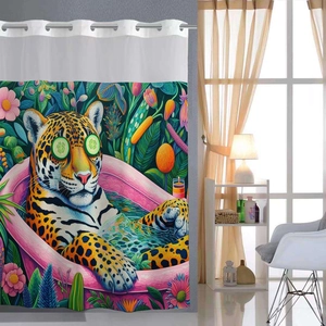 Waterproof Polyester Shower Curtain Detachable Liner Waffle Texture Hookless Ring Animal Cat Leopard Bathroom Decor