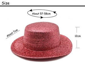 Size details of the red glitter fedora hat with dimensions for crown height and brim width
