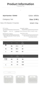 Detailed size chart for white sleeveless vest and mini skirt set with fabric specifications