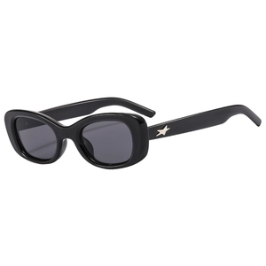 Fashionable black oval sunglasses with silver star details and dark UV lenses