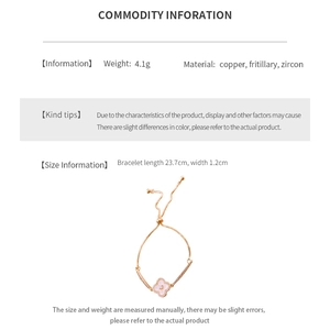 Detailed size and material specification chart for the clover adjustable bracelet