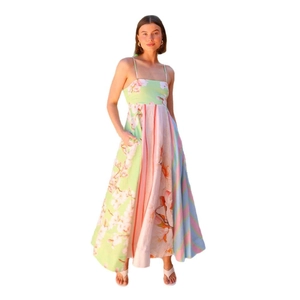 Women's sexy graffiti print maxi dress with spaghetti straps and a colorful patchwork design