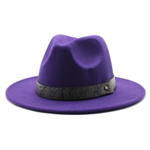 Detail of purple fedora hat featuring a stylish snake pattern band and gold metal stud