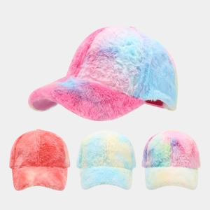 Women Tie Dye Faux Fur Baseball Cap Autumn Winter Warm Fluffy Long Plush Peaked Hat Adjustable Fashion Colorful
