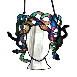 Medusa stained glass suncatcher with colorful acrylic snakes and mirror face decor