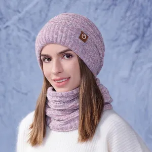 Women's winter knit beanie and neck warmer set in purple mix for outdoor cold protection