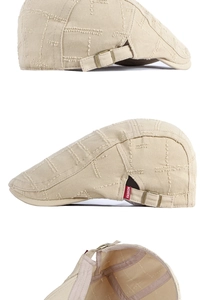 Detalle de gorra plana de algodón caqui con textura desgastada y etiqueta lateral
