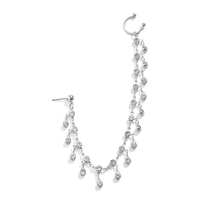 Silver punk tassel chain earring with rhinestones and ear cuff on a white background