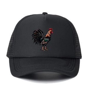 Close-up of black mesh trucker hat featuring a detailed colorful rooster printed patch