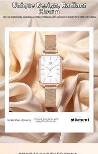 Detail of rose gold mesh strap and square white dial on a champagne satin background