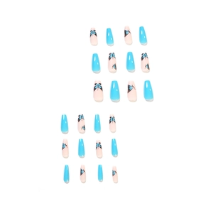 Sky blue and nude press on nails featuring butterfly patterns in ballerina coffin shape