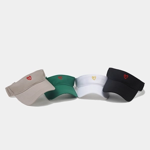 Detailed view of four cotton sun visors with heart embroidery in assorted colors