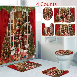 Detailed Christmas bathroom set including 4 pieces with snowman and tree pattern