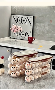 Detailed view of 3-tier rolling egg storage box with automatic gravity slide design