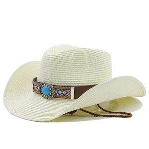Chapeau de cowboy classique en paille tressée beige avec bande ethnique et pierre turquoise