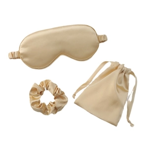 3-piece champagne silk sleep set with eye mask, scrunchie and drawstring pouch